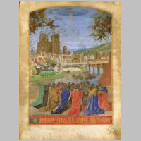 Notre-Dame de Paris, Notre-Dame de Paris dans une enluminure de Jean Fouquet (XVe siècle) - La Main de Dieu protégeant les fidèles - Heures d'Étienne Chevalier, New York, The Metropolitan Museum of Art (Wikipedia).jpg